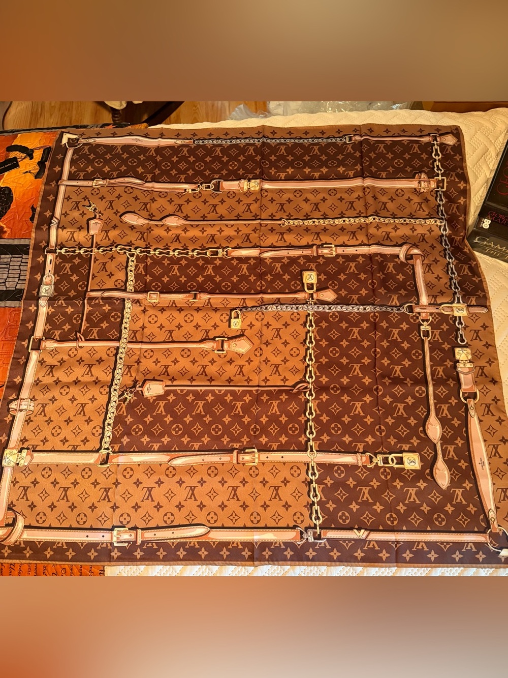 Luxury Monogram Silk Scarf in Brown and Tan